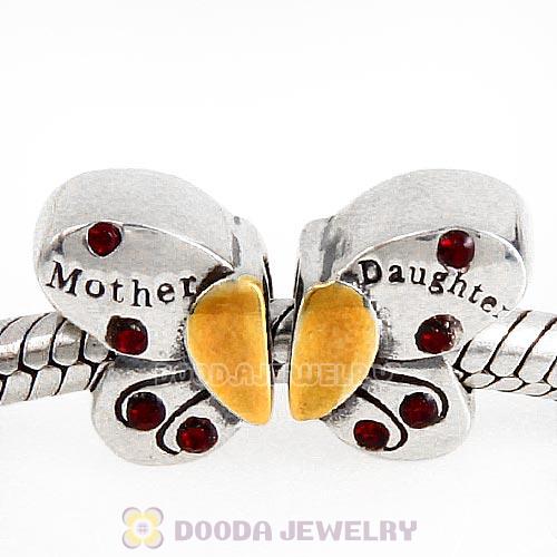 Sterling Silver Mother Daughter Butterfly Beads with Siam Austrian Crystal