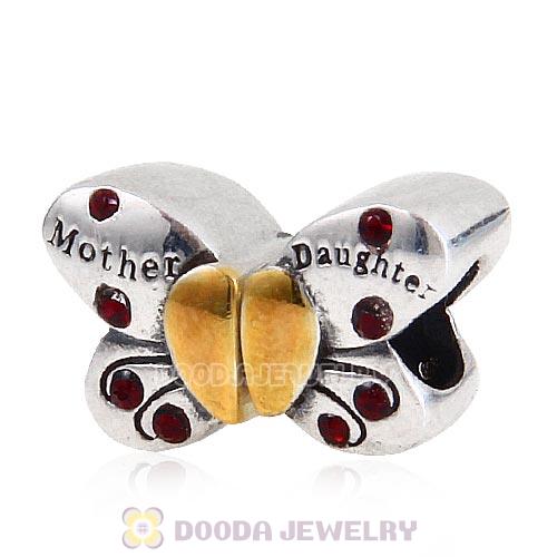 Sterling Silver Mother Daughter Butterfly Beads with Siam Austrian Crystal