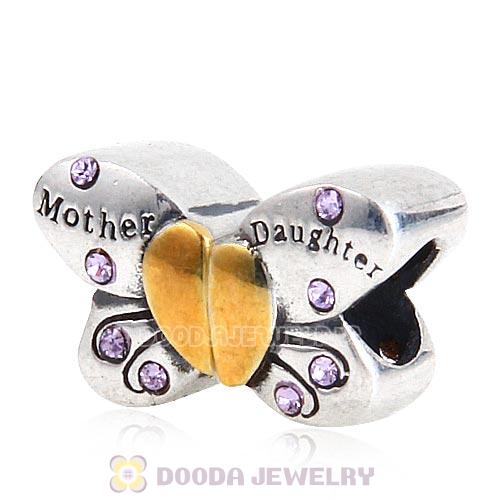 Sterling Silver Mother Daughter Butterfly Beads with Violet Austrian Crystal