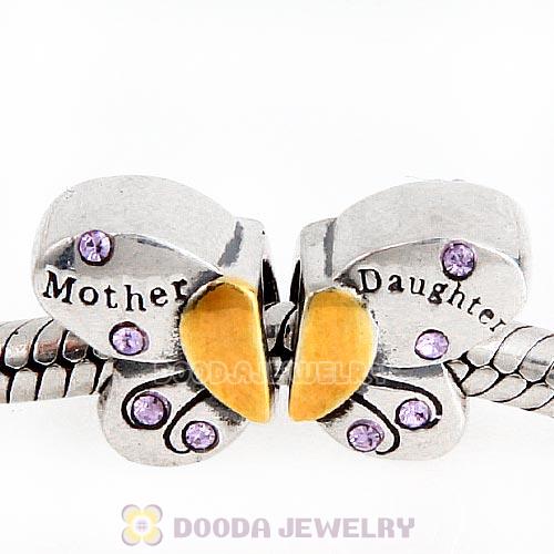 Sterling Silver Mother Daughter Butterfly Beads with Violet Austrian Crystal