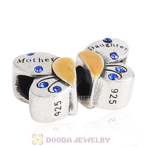 Sterling Silver Mother Daughter Butterfly Beads with Sapphire Austrian Crystal