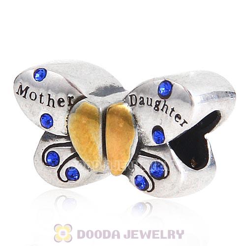 Sterling Silver Mother Daughter Butterfly Beads with Sapphire Austrian Crystal