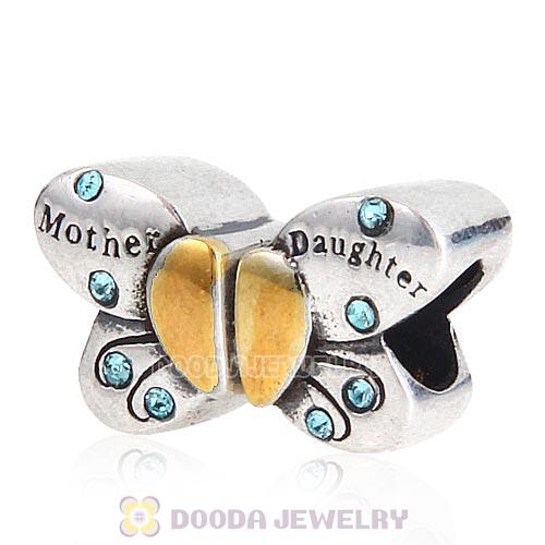 Sterling Silver Mother Daughter Butterfly Beads with Aquamarine Austrian Crystal