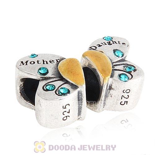 Sterling Silver Mother Daughter Butterfly Beads with Blue Zircon Austrian Crystal
