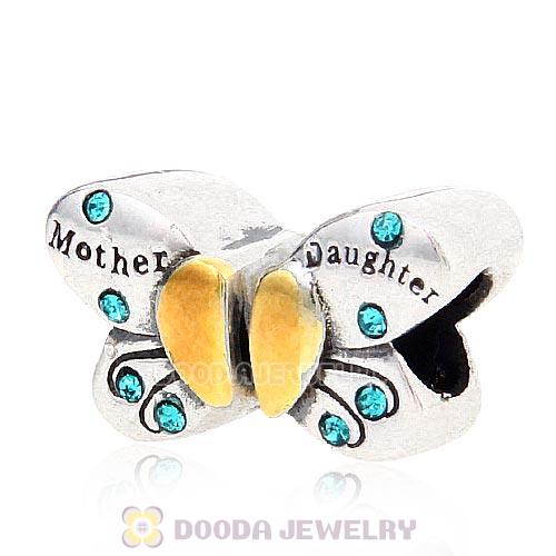 Sterling Silver Mother Daughter Butterfly Beads with Blue Zircon Austrian Crystal