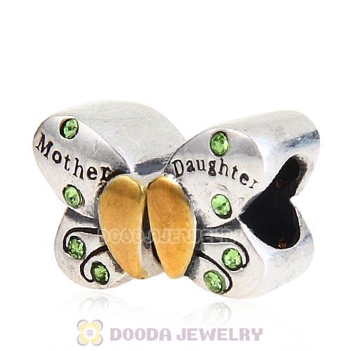 Sterling Silver Mother Daughter Butterfly Beads with Peridot Austrian Crystal
