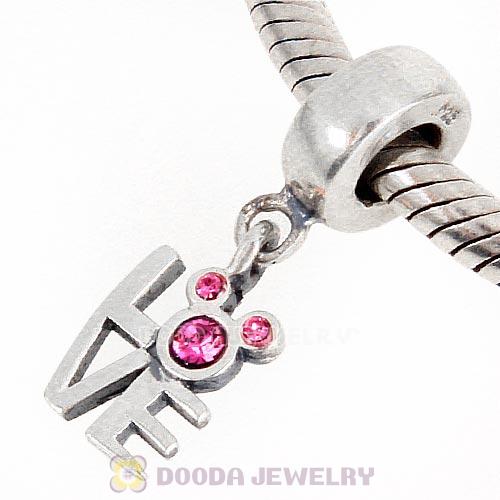 Sterling Silver Dangle Love Mickey Charm with Rose Austrian Crystal