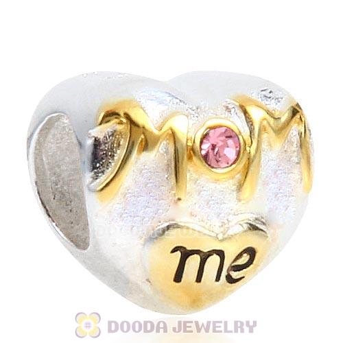 Sterling Silver Gold Plated MOM Love me Heart Beads with Light Rose Austrian Crystal