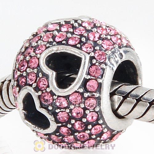 Sterling Silver Tumbling Hearts Charm with Light Rose Austrian Crystal