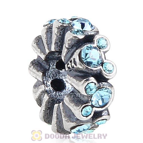 European Sterling Silver Mickey All Around Spacer Charm Beads with Aquamarine Austrian Crystal