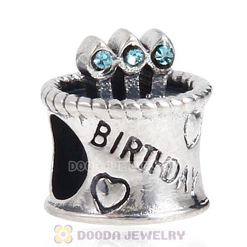 New Arrival Sterling Silver Birthday Cake Charm Beads with Aquamarine Austrian Crystal Wholesale