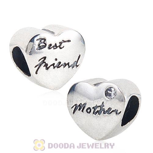 Sterling Silver European Mother and Best friend Heart Charms Beads with White Zircon For Mother Day