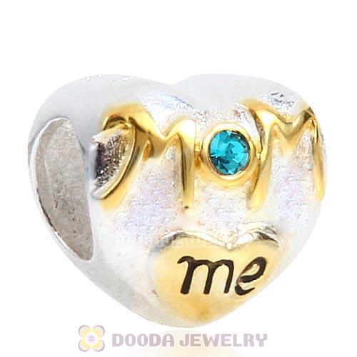 Sterling Silver Gold Plated MOM Love me Heart Beads with Blue Zircon Austrian Crystal