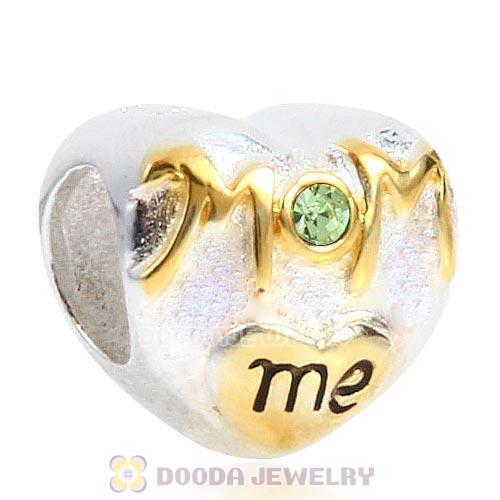 Sterling Silver Gold Plated MOM Love me Heart Beads with Peridot Austrian Crystal
