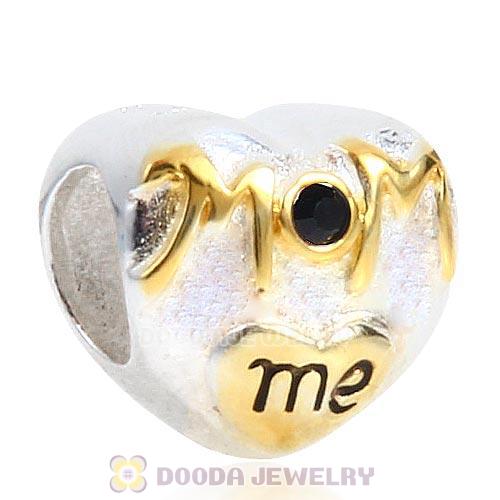 Sterling Silver Gold Plated MOM Love me Heart Beads with Jet Austrian Crystal