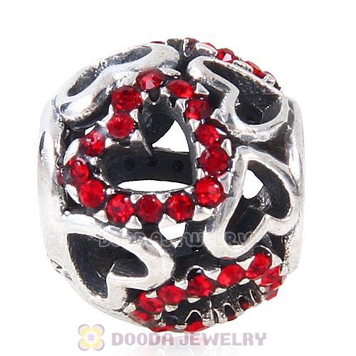 Sterling Silver love Hearts Charm with Light Siam Heart Austrian Crystal