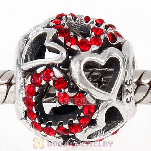 Sterling Silver love Hearts Charm with Light Siam Heart Austrian Crystal