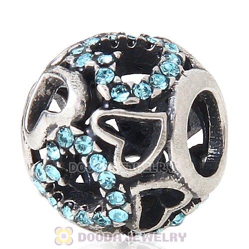 Sterling Silver love Hearts Charm with Aquamarine Heart Austrian Crystal