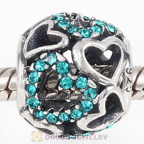 Sterling Silver love Hearts Charm with Blue Zircon Heart Austrian Crystal