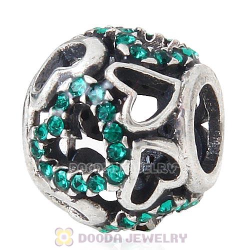 Sterling Silver love Hearts Charm with Emerald Heart Austrian Crystal