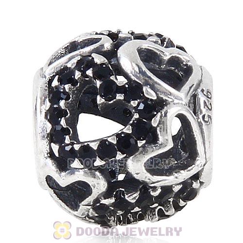 Sterling Silver love Hearts Charm with Jet Heart Austrian Crystal