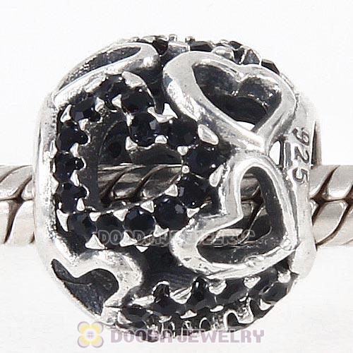Sterling Silver love Hearts Charm with Jet Heart Austrian Crystal