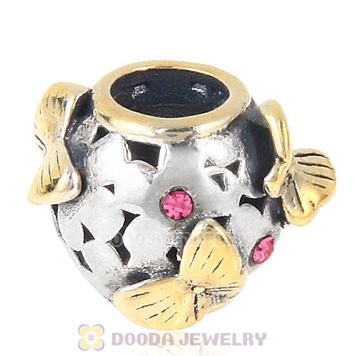 European style Sterling Silver Gold plated Butterfly Charm Bead with Rose Austrian Crystal