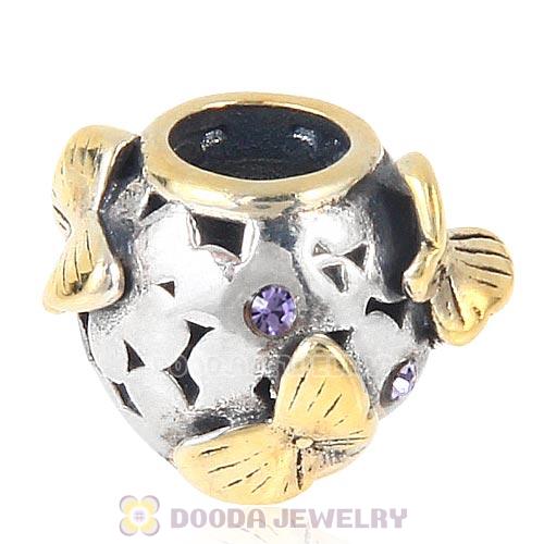 European style Sterling Silver Gold plated Butterfly Charm Bead with Tanzanite Austrian Crystal