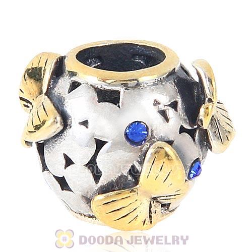 European style Sterling Silver Gold plated Butterfly Charm Bead with Sapphire Austrian Crystal