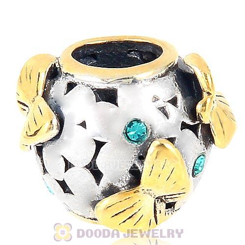 European style Sterling Silver Gold plated Butterfly Charm Bead with Blue Zircon Austrian Crystal