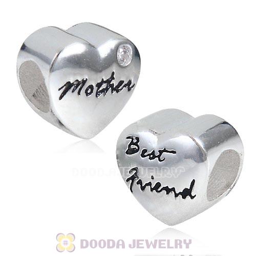 Sterling Silver European Mother and Best friend Heart Charms Beads with White Zircon For Mother Day