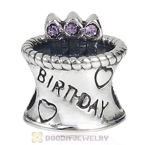Sterling Silver Birthday Cake Charm Beads with Violet Austrian Crystal Wholesale
