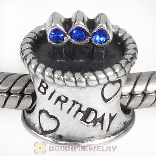 Sterling Silver Birthday Cake Charm Beads with Sapphire Austrian Crystal Wholesale