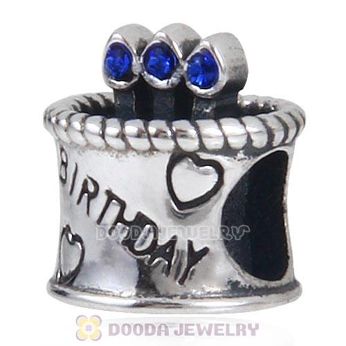 Sterling Silver Birthday Cake Charm Beads with Sapphire Austrian Crystal Wholesale