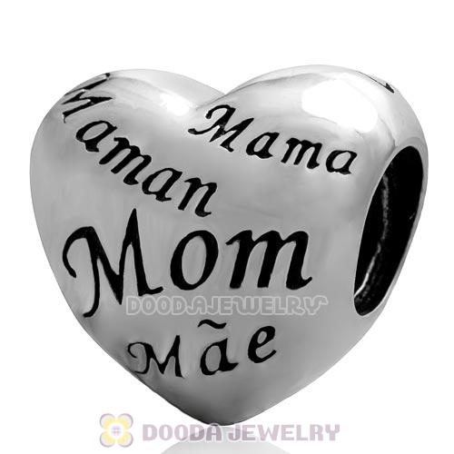 Sterling Silver variety of languages Mom Heart Charm Beads with Screw Thread for Mothers day