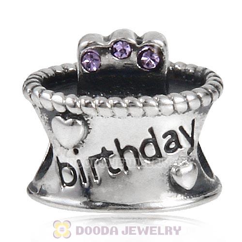 Sterling Silver Birthday Cake Charm Beads with Violet Austrian Crystal Wholesale