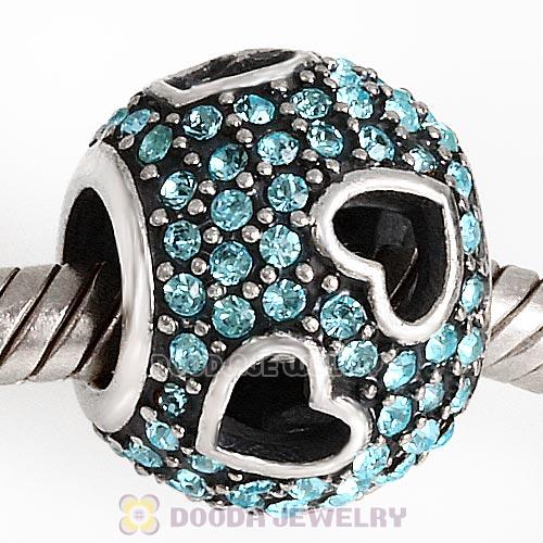 Sterling Silver Tumbling Hearts Charm with Sparkling Aquamarine Austrian Crystal