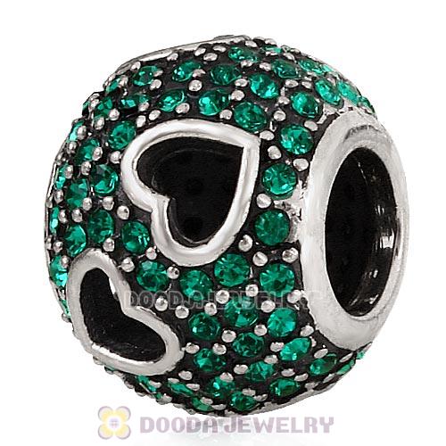 Sterling Silver Tumbling Hearts Charm with Emerald Austrian Crystal