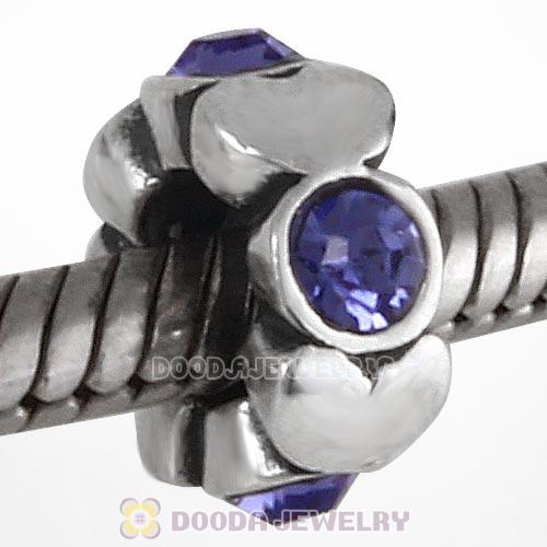 European Sterling Silver Heart Spacer Beads with Tanzanite Austrian Crystal