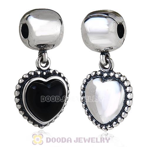 New Style Sterling Silver Clip Bead Heart Dangle Charms with Obsidian for Woman Jewelry