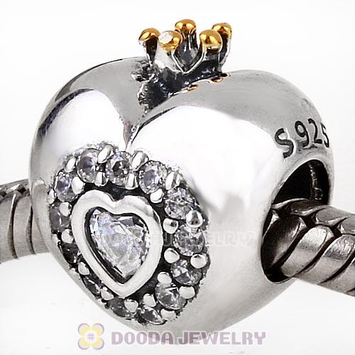 Gold Plated Authentic Sterling Silver Princess Heart Screw Beads with Clear CZ Stone