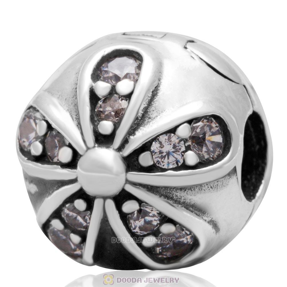  European 925 Sterling Silver Dazzling Daisies with Clear CZ Clip Charm Bead 