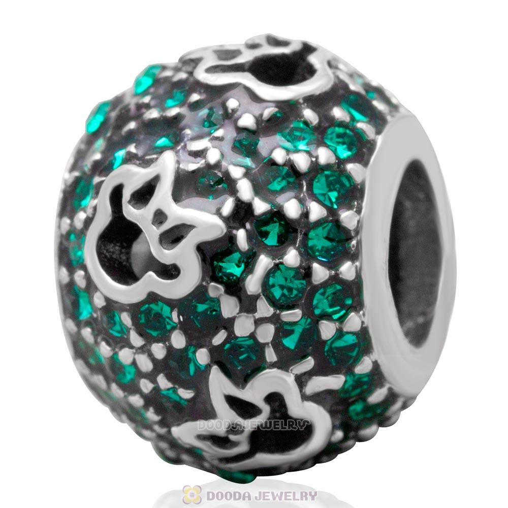 European Style Sterling Silver Minnie Head Charm With Emerald Austrian Crystal