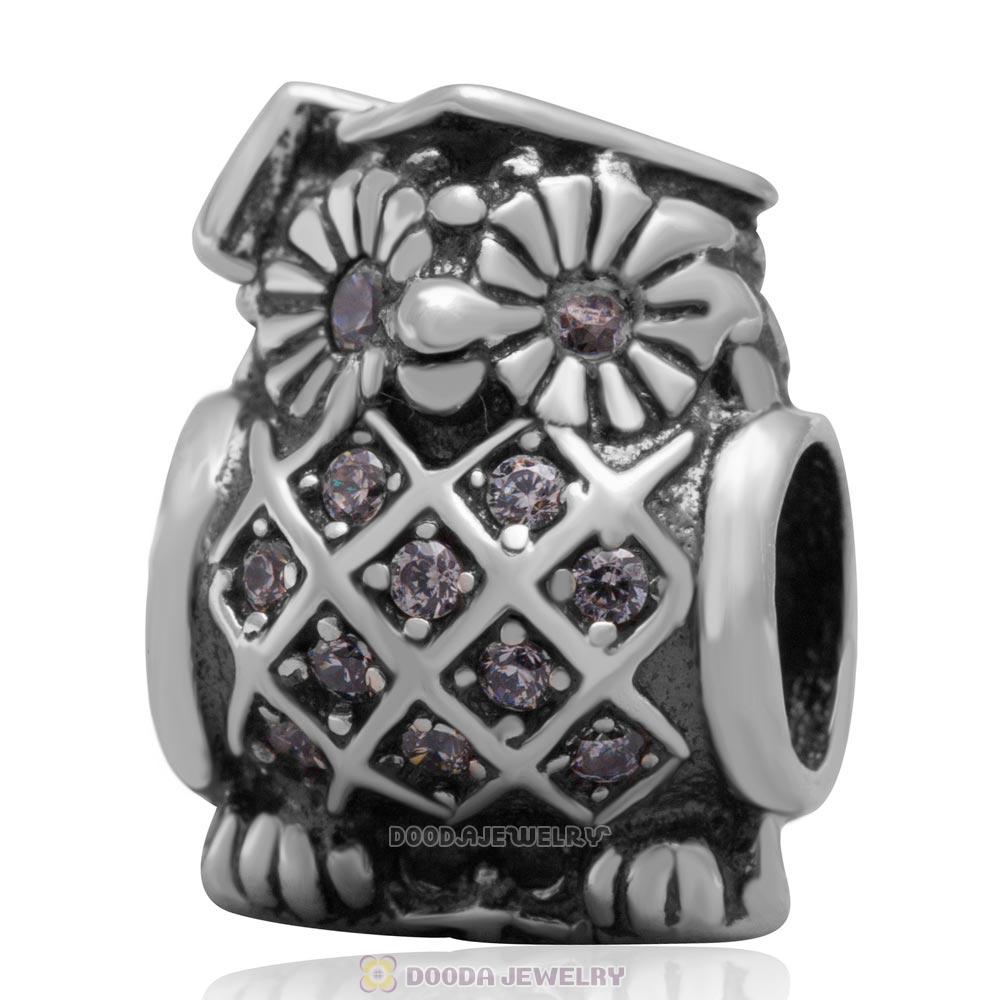 925 Sterling Silver Graduate Owl Charm Bead with Clear CZ
