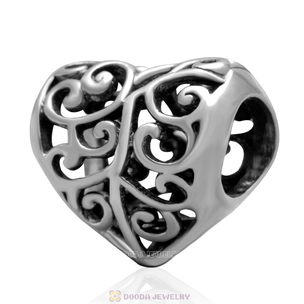 925 Sterling Silver Heart Love Openwork Charm Bead
