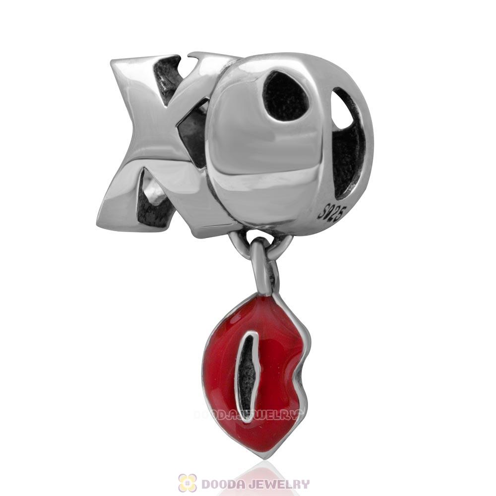925 Sterling Silver XO Hug and Kiss Symbol Dangle Red Lips Charms 