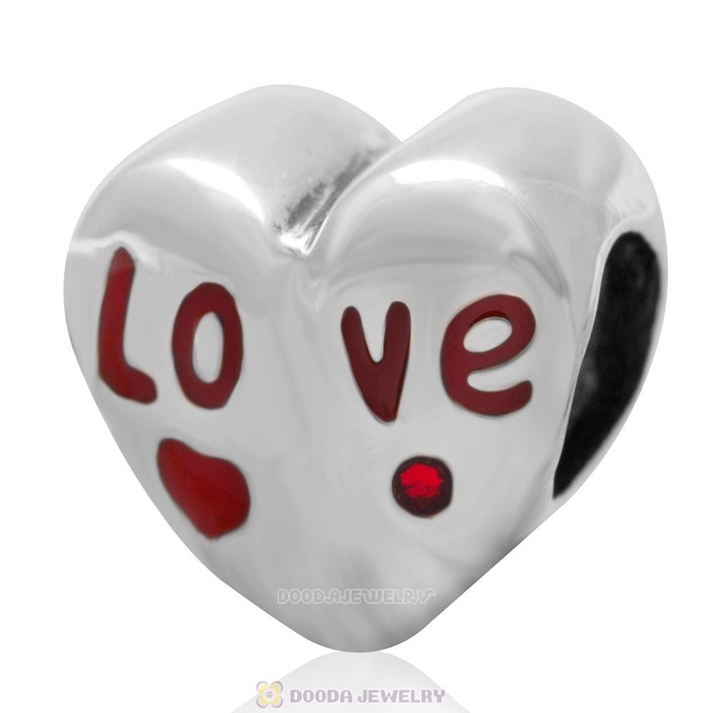 Love Enamle Charm Sterling Silver Heart Bead with Light Siam Australian Crystal
