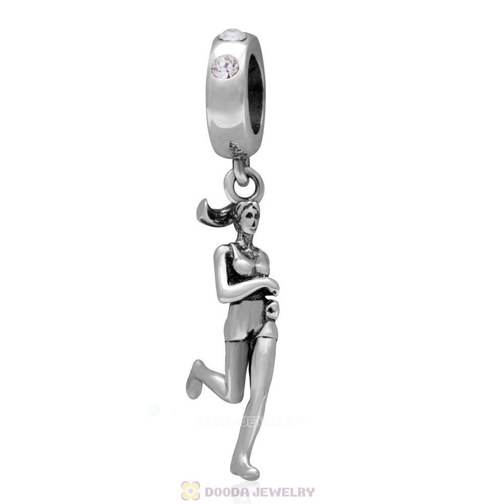 Sterling Silver Lady Runner Dangling Bead with Clear Austrian Crystal