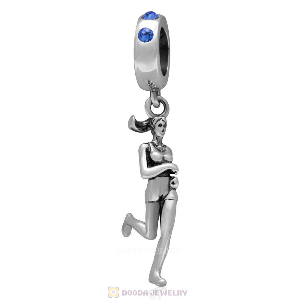 Sterling Silver Lady Runner Dangling Bead with Sapphire Austrian Crystal