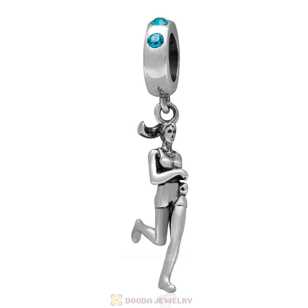 Sterling Silver Lady Runner Dangling Bead with Blue Zircon Austrian Crystal